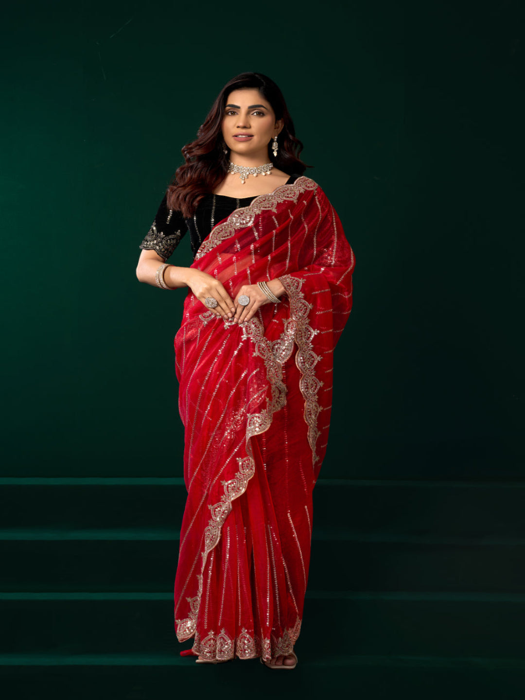 Modern Heritage: Red Net Saree with Black Embroiderd Blouse.