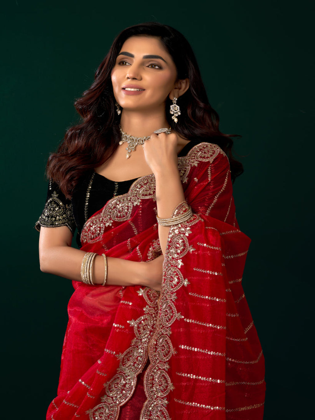 Modern Heritage: Red Net Saree with Black Embroiderd Blouse.