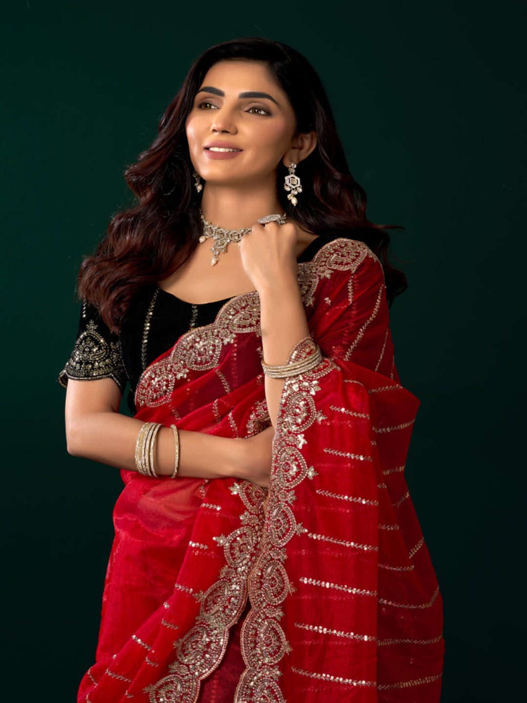 Modern Heritage: Red Net Saree with Black Embroiderd Blouse.