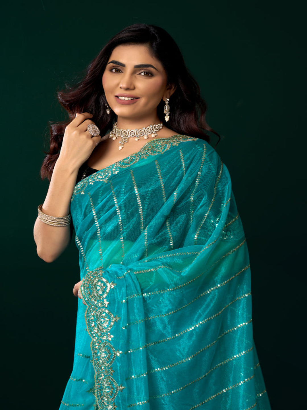 Modern Heritage: Red Net Saree with Black Embroiderd Blouse.