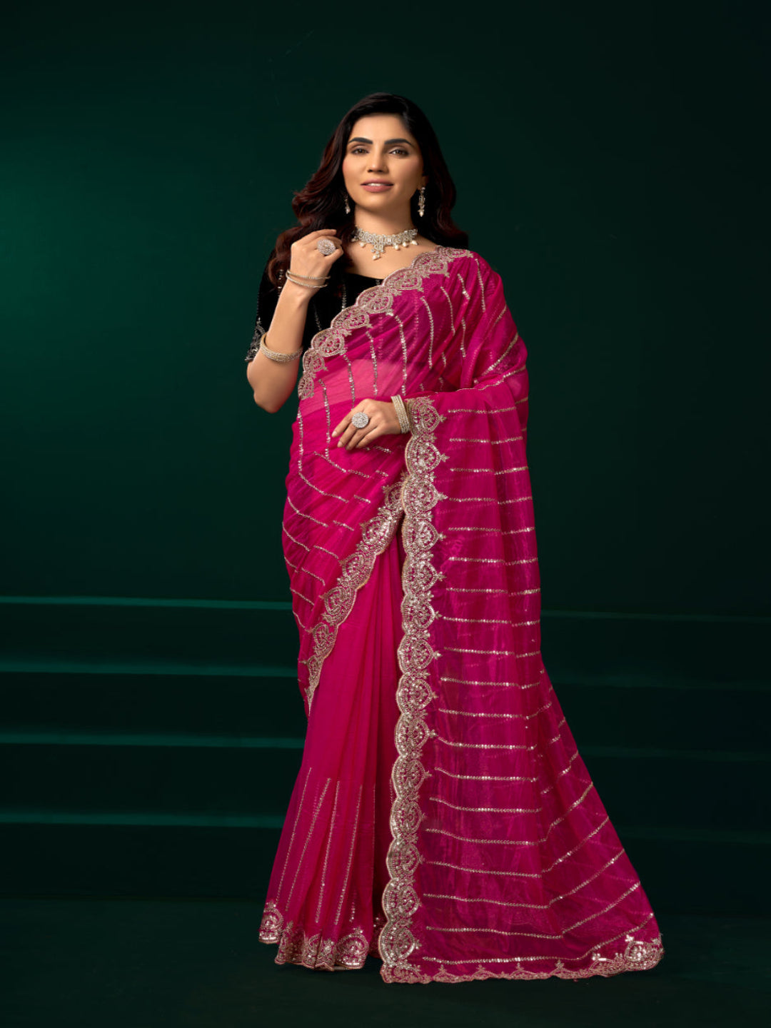 Modern Heritage: Red Net Saree with Black Embroiderd Blouse.