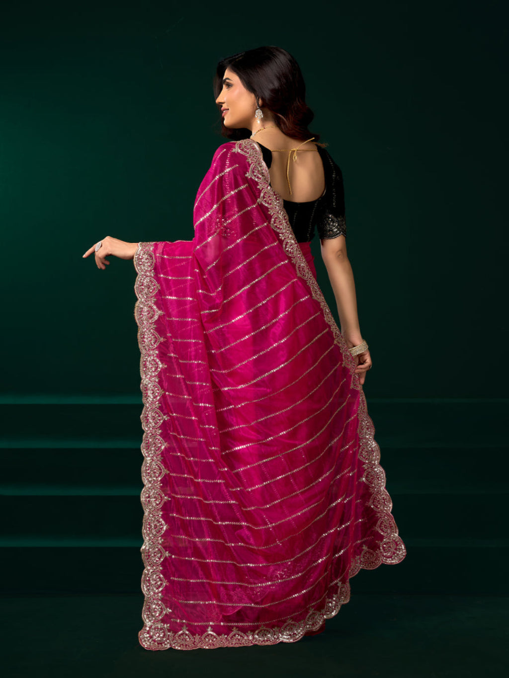 Modern Heritage: Red Net Saree with Black Embroiderd Blouse.
