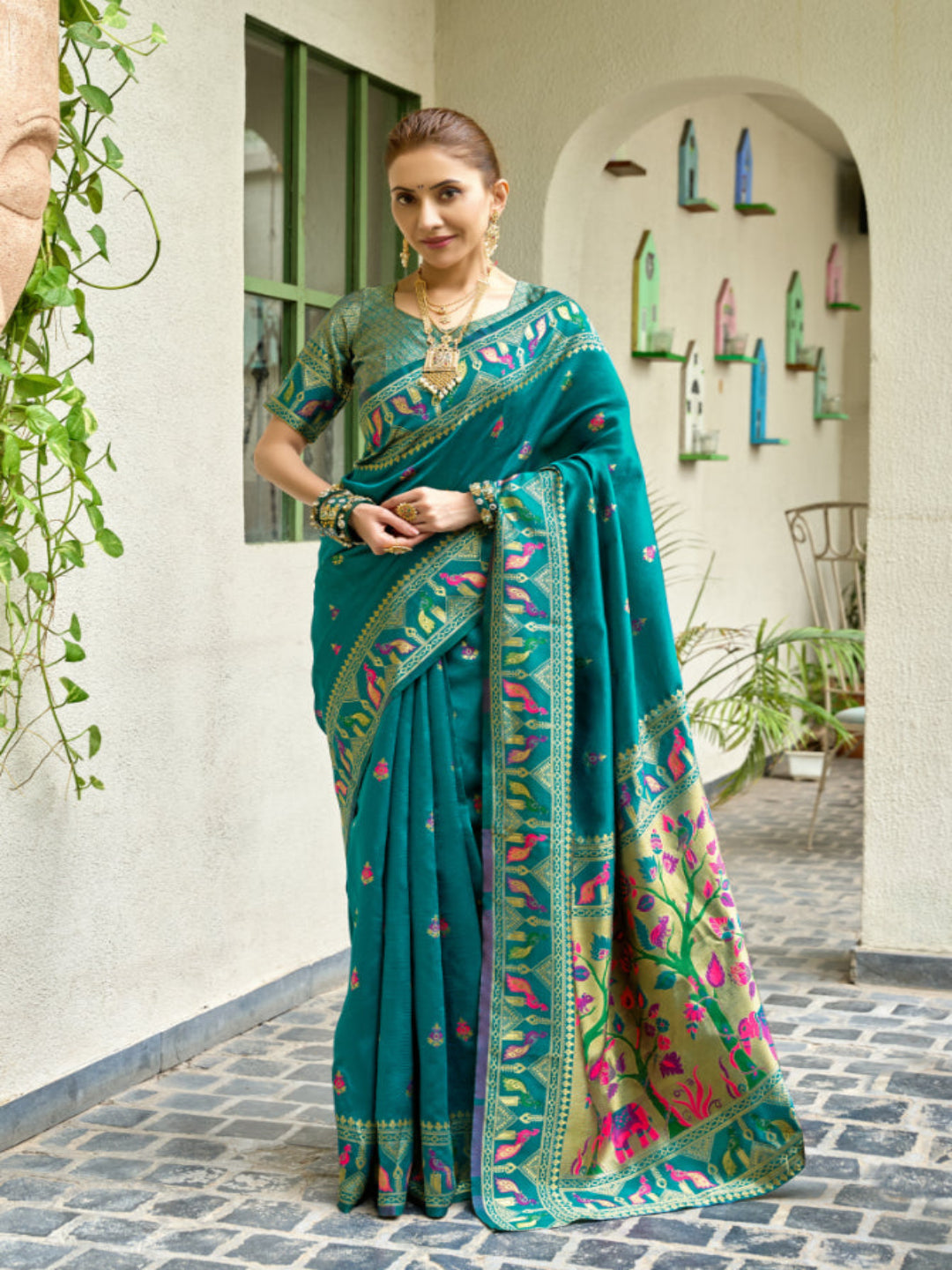 Lime Green Paithani Silk Saree features a standout  symbolizing prosperity and growth.
