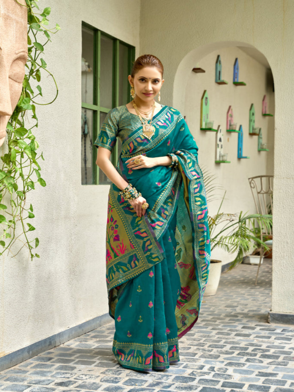 Lime Green Paithani Silk Saree features a standout  symbolizing prosperity and growth.