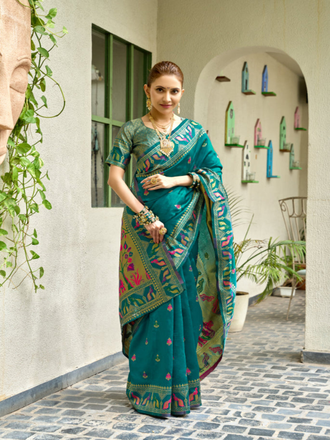 Lime Green Paithani Silk Saree features a standout  symbolizing prosperity and growth.