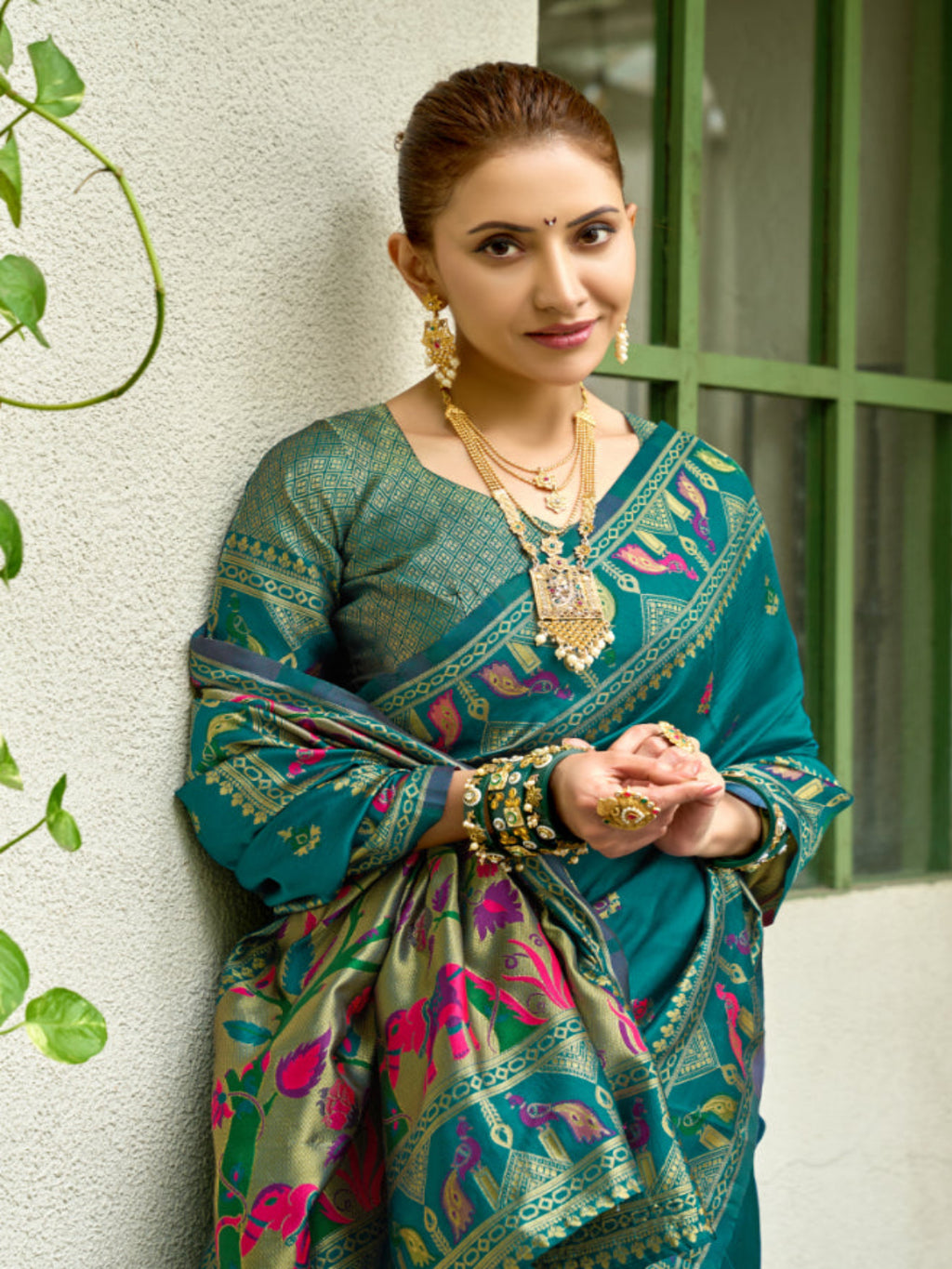 Lime Green Paithani Silk Saree features a standout  symbolizing prosperity and growth.