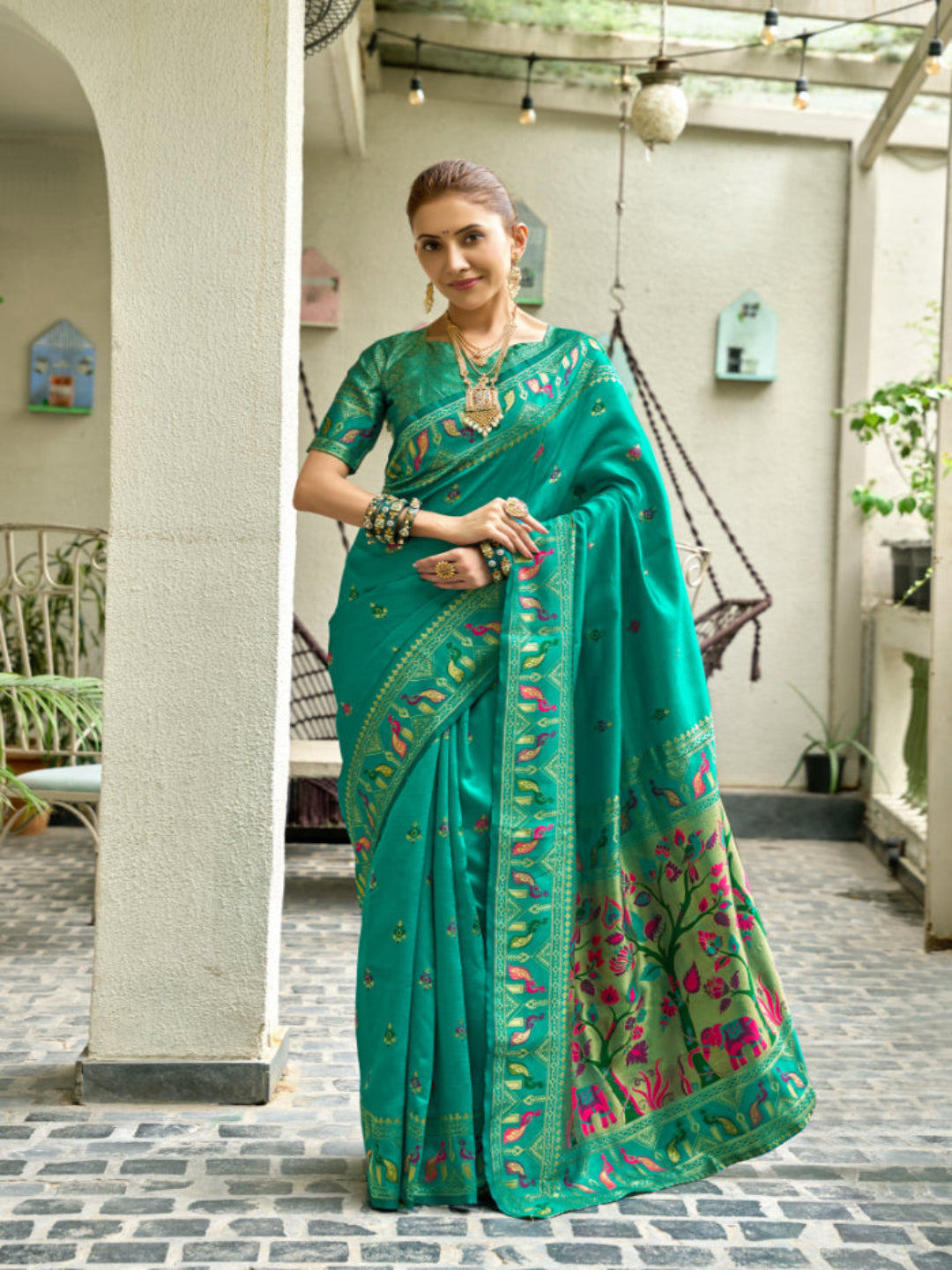 Lime Green Paithani Silk Saree features a standout  symbolizing prosperity and growth.