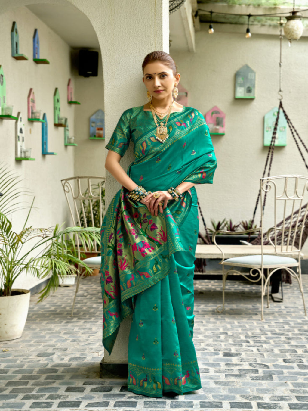 Lime Green Paithani Silk Saree features a standout  symbolizing prosperity and growth.