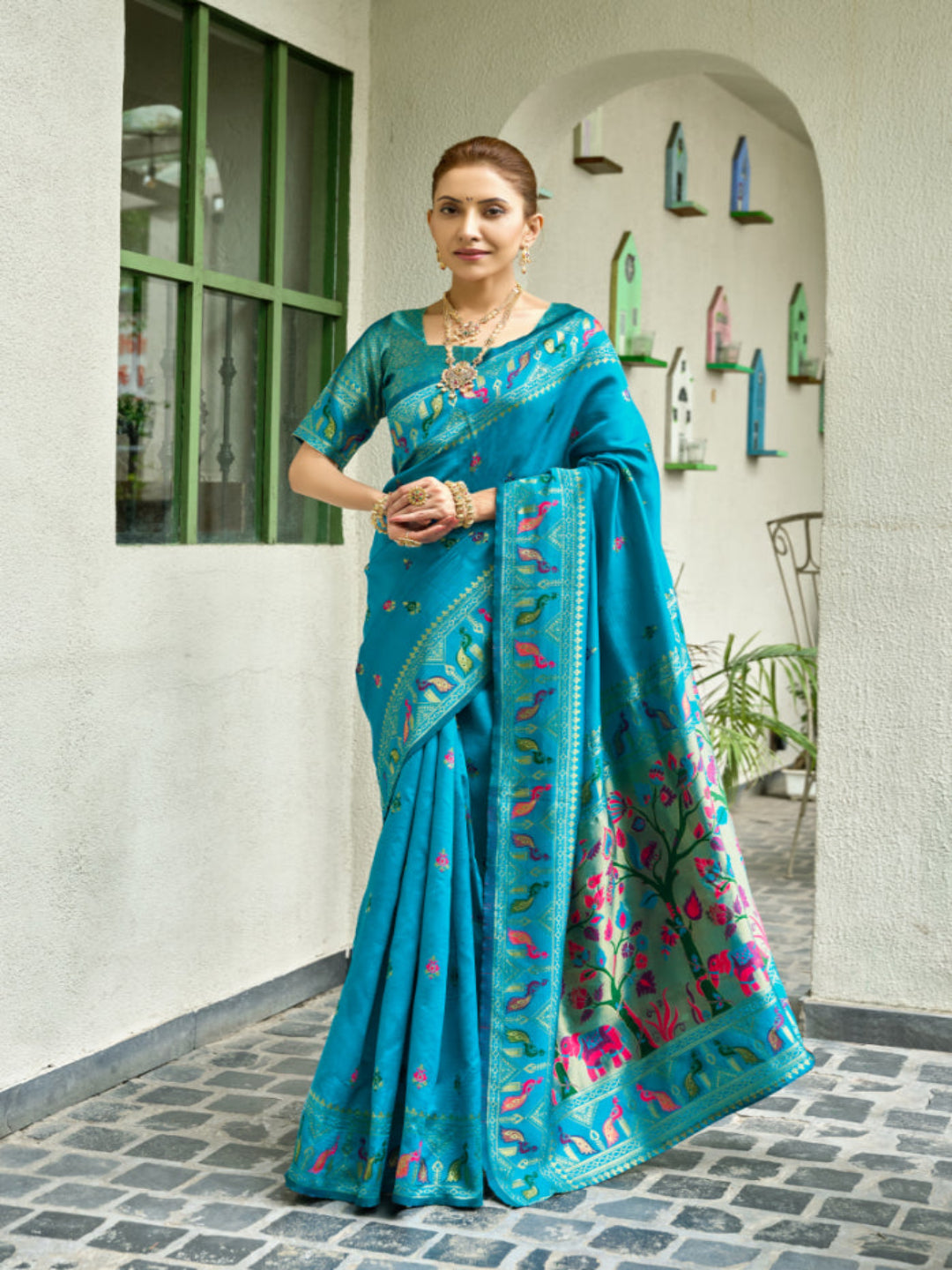 Lime Green Paithani Silk Saree features a standout  symbolizing prosperity and growth.
