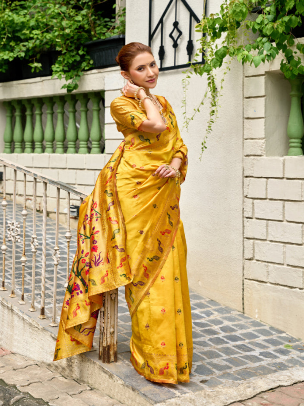 Lime Green Paithani Silk Saree features a standout  symbolizing prosperity and growth.