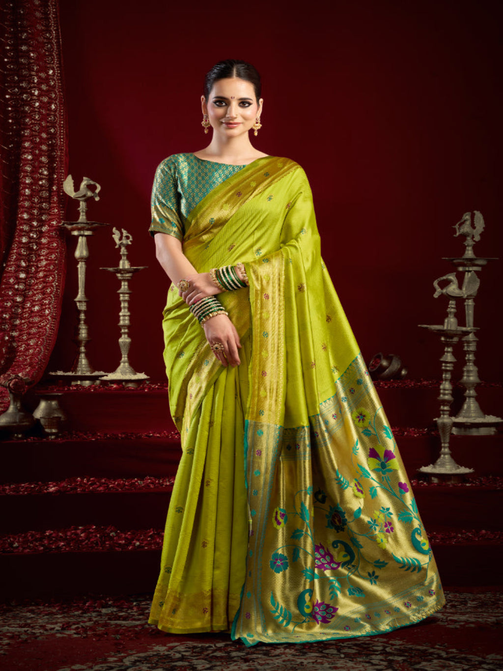 "The Golden Glow of Tradition silk bland butti weaving Paithani saree