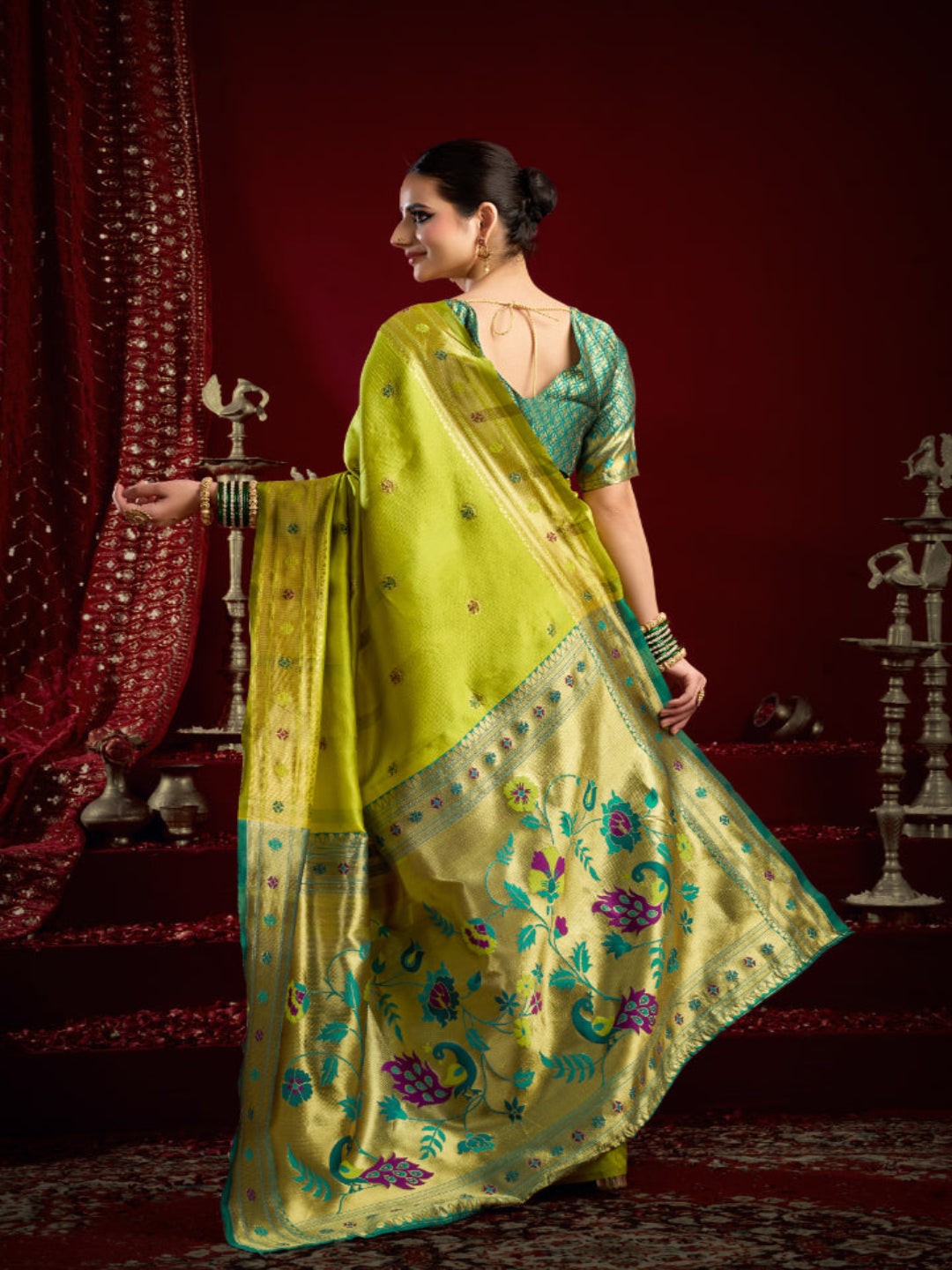 "The Golden Glow of Tradition silk bland butti weaving Paithani saree