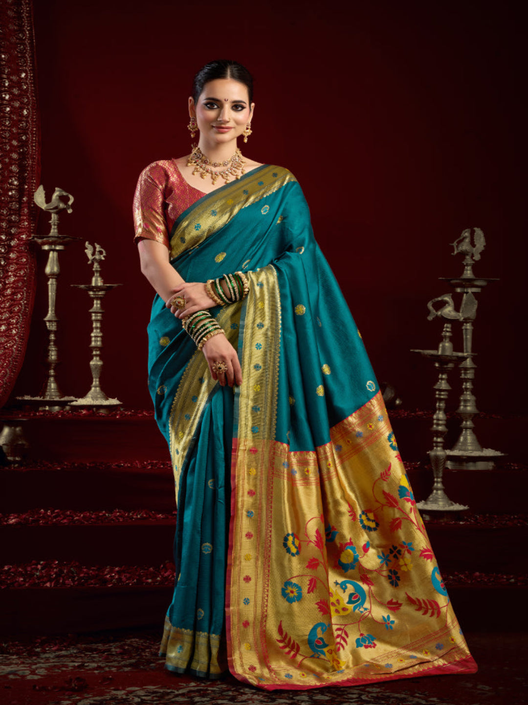 "The Golden Glow of Tradition silk bland butti weaving Paithani saree