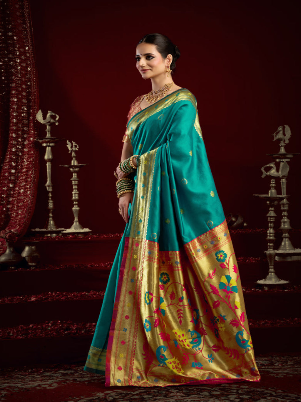 "The Golden Glow of Tradition silk bland butti weaving Paithani saree