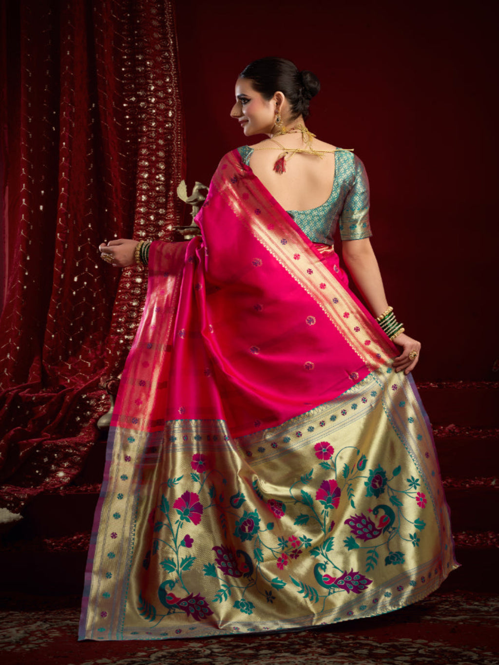 "The Golden Glow of Tradition silk bland butti weaving Paithani saree