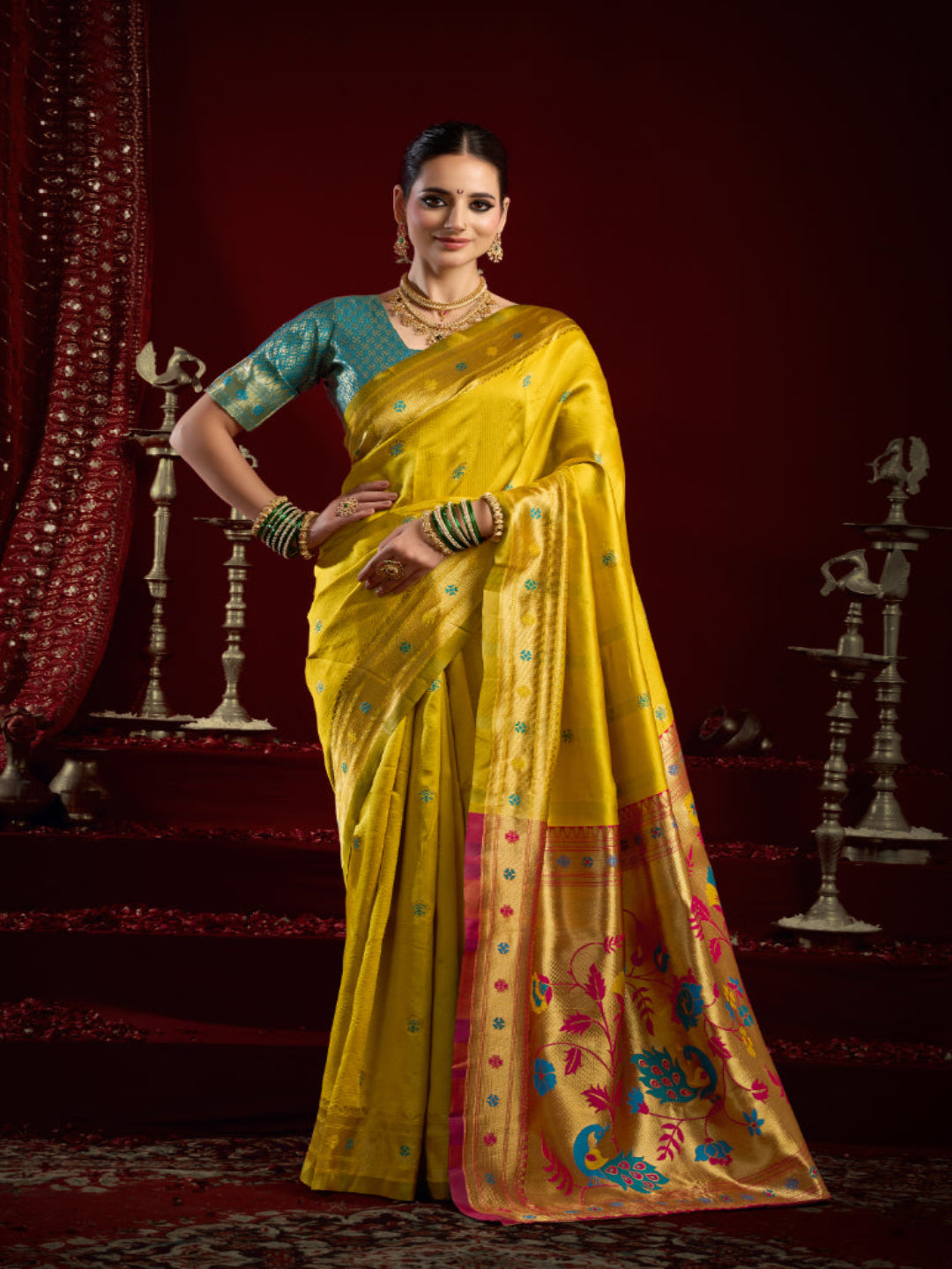 "The Golden Glow of Tradition silk bland butti weaving Paithani saree