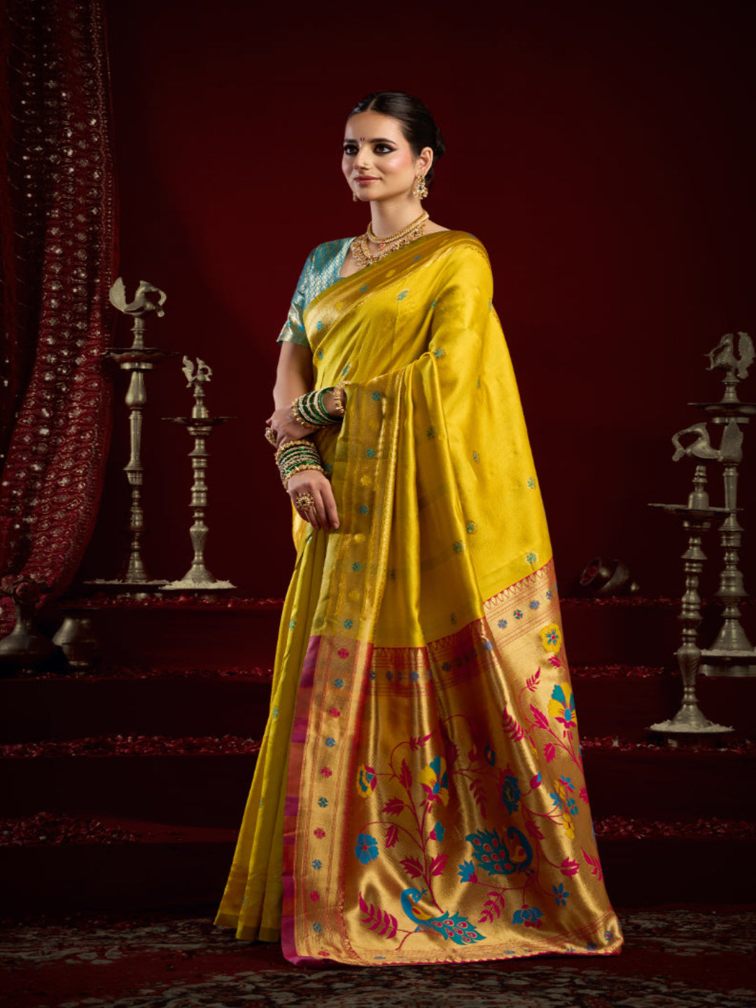 "The Golden Glow of Tradition silk bland butti weaving Paithani saree