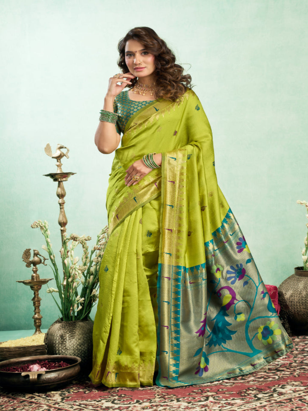Lime Green Silk Blend Jacquard Paithani Saree