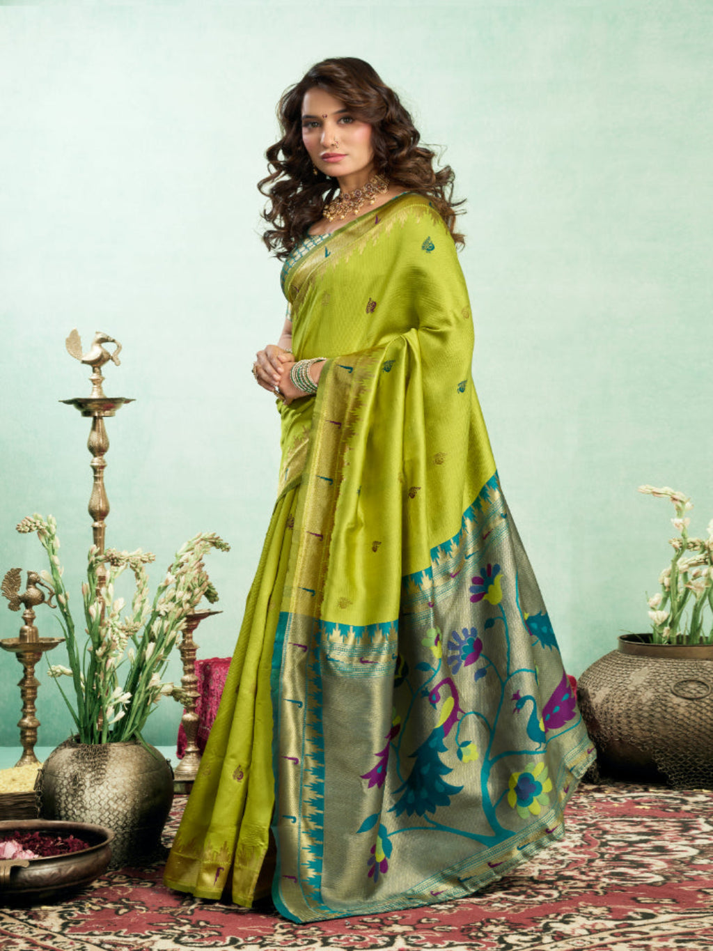 Lime Green Silk Blend Jacquard Paithani Saree