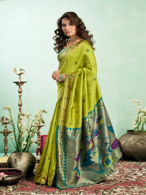 Lime Green Silk Blend Jacquard Paithani Saree