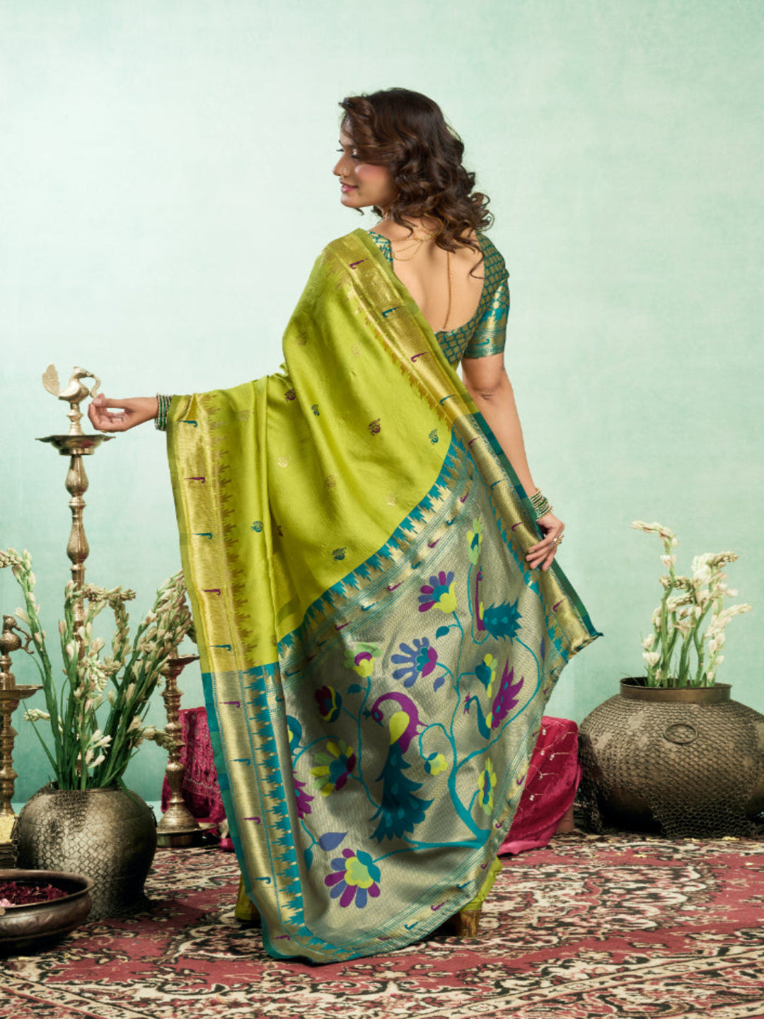 Lime Green Silk Blend Jacquard Paithani Saree