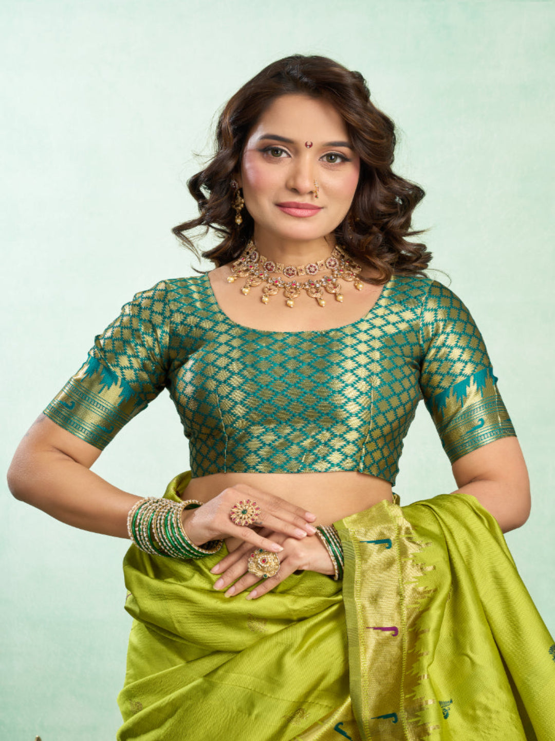 Lime Green Silk Blend Jacquard Paithani Saree