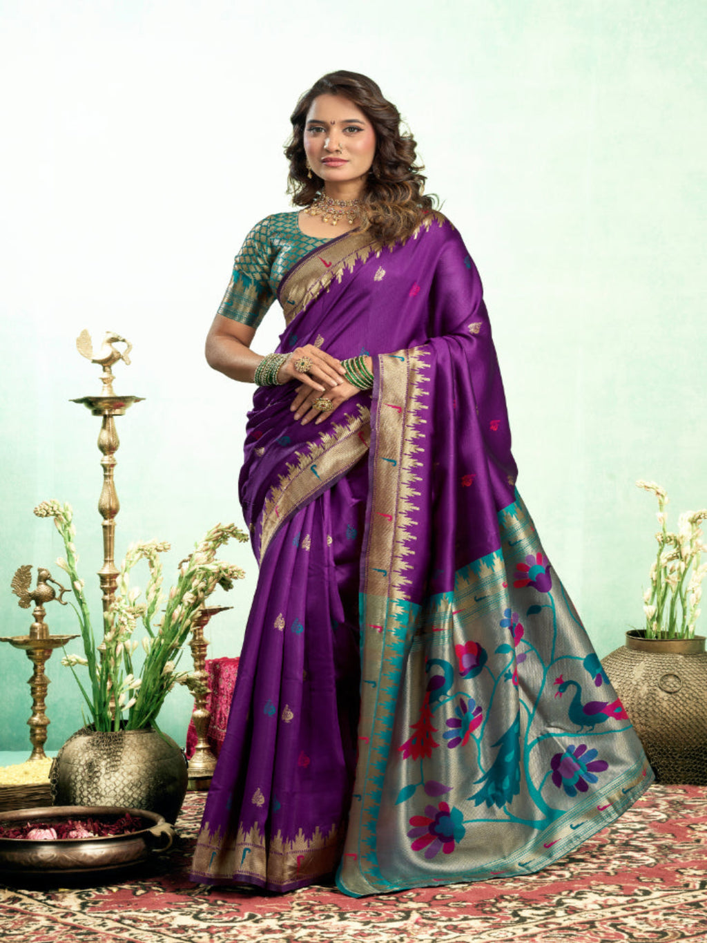 Lime Green Silk Blend Jacquard Paithani Saree