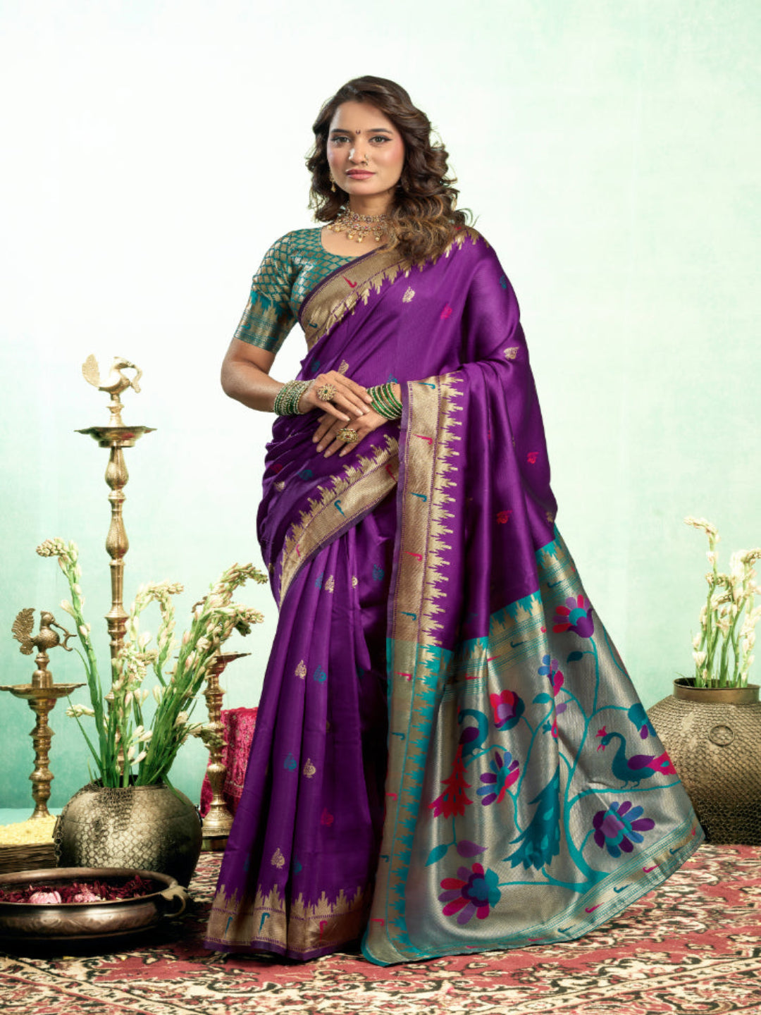 Lime Green Silk Blend Jacquard Paithani Saree