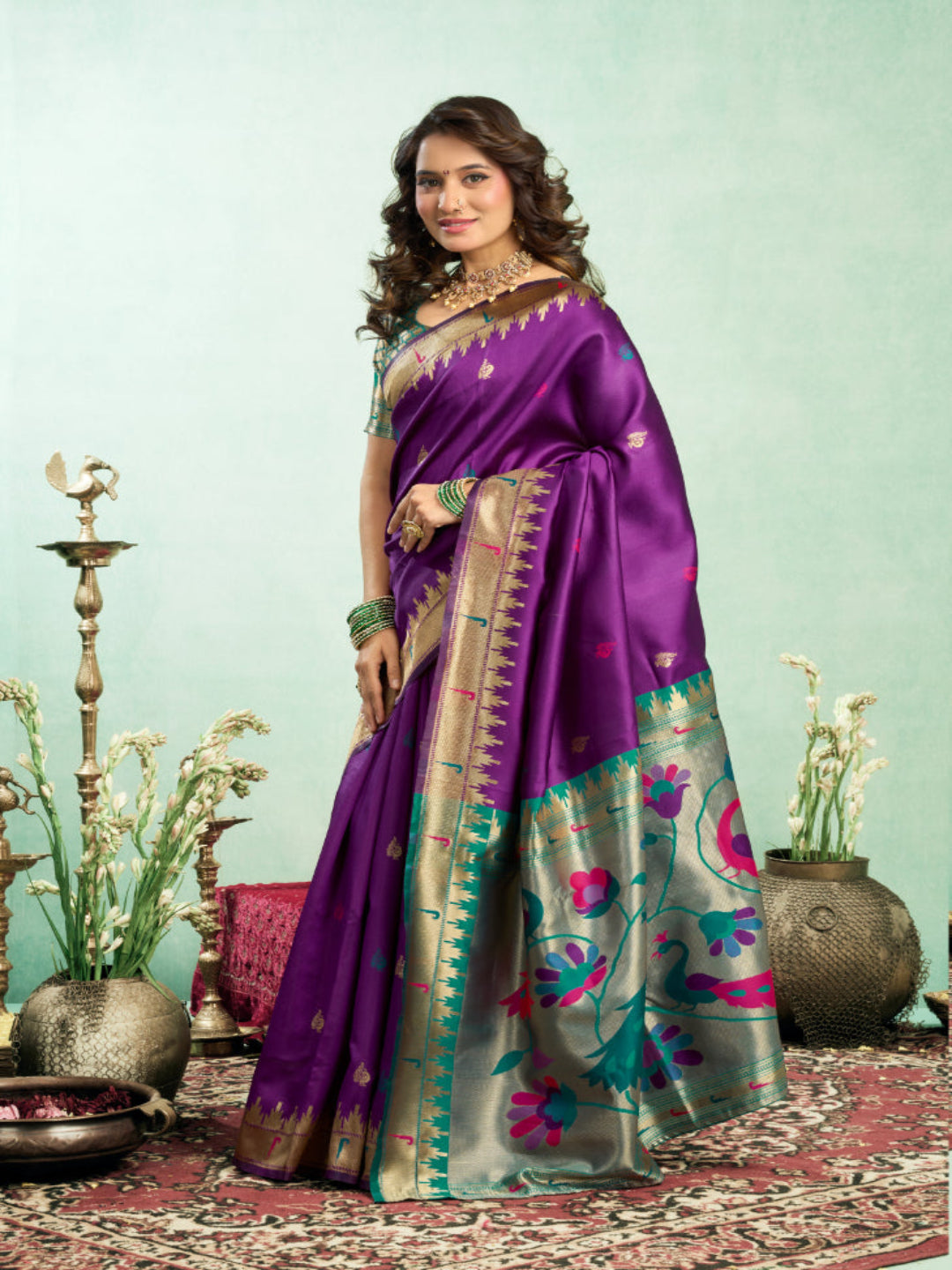 Lime Green Silk Blend Jacquard Paithani Saree