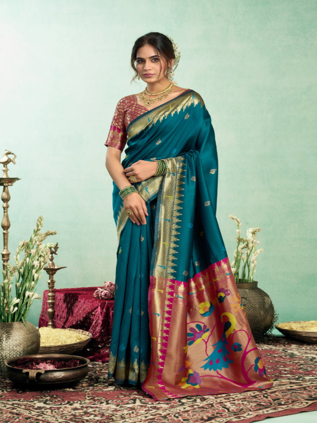 Lime Green Silk Blend Jacquard Paithani Saree