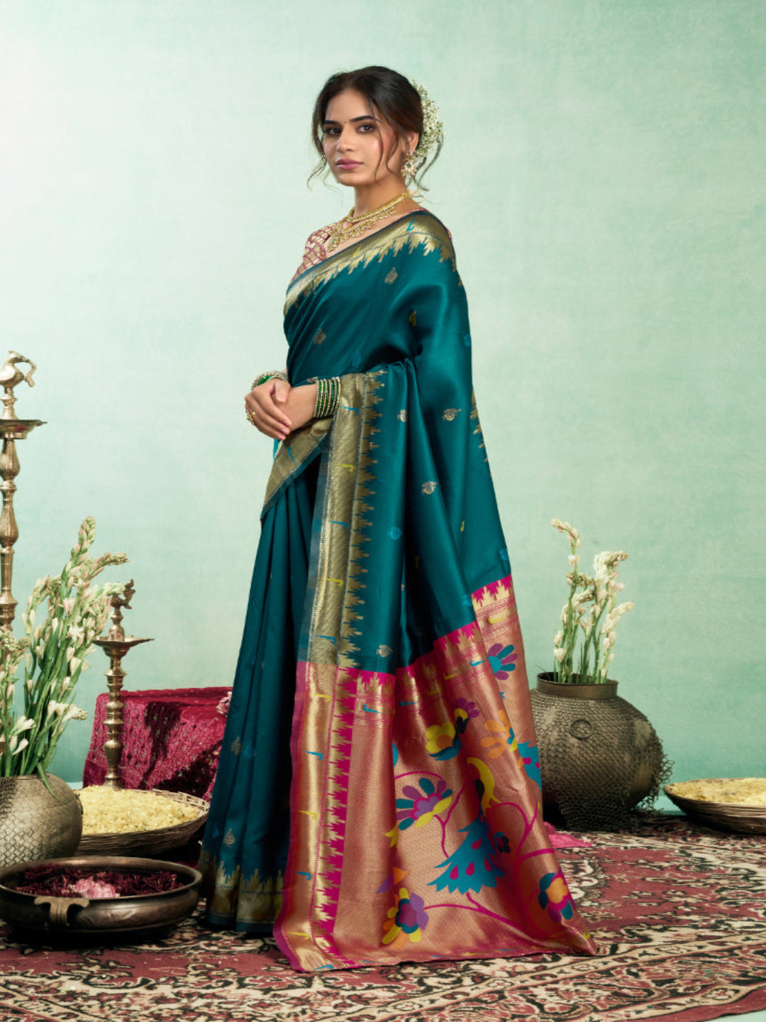 Lime Green Silk Blend Jacquard Paithani Saree