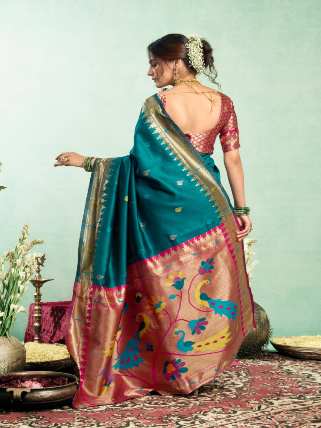 Lime Green Silk Blend Jacquard Paithani Saree