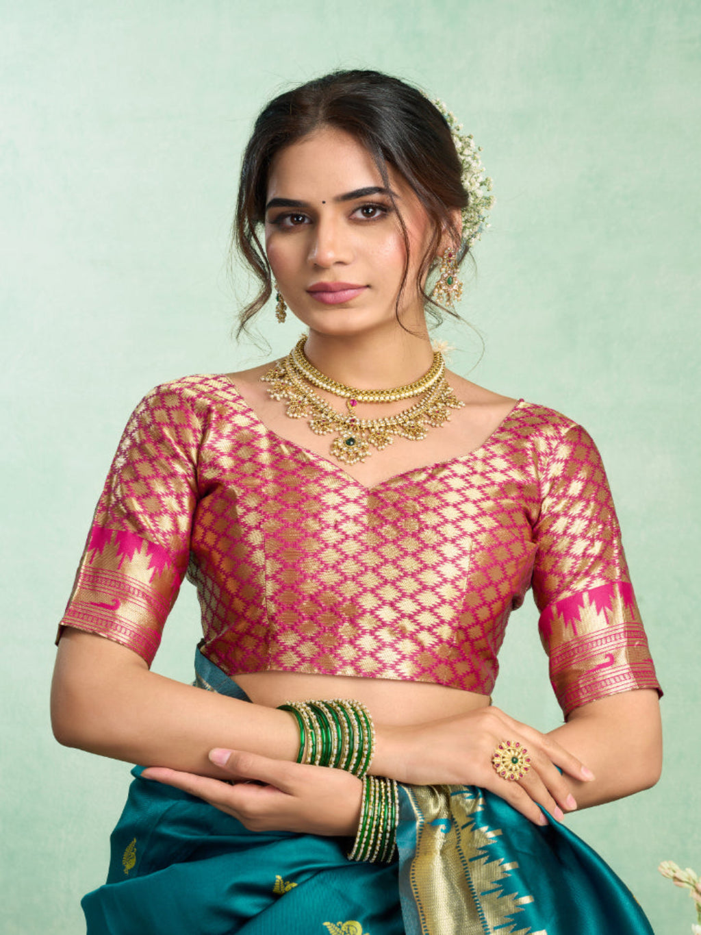 Lime Green Silk Blend Jacquard Paithani Saree