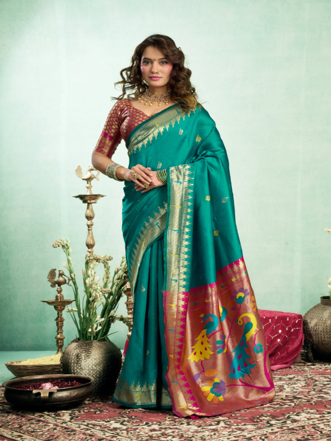 Lime Green Silk Blend Jacquard Paithani Saree