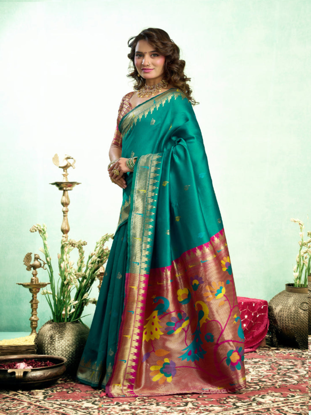 Lime Green Silk Blend Jacquard Paithani Saree