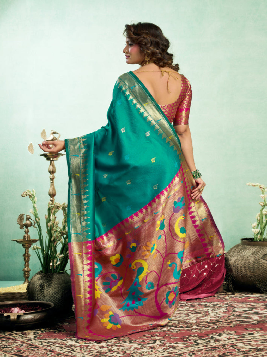 Lime Green Silk Blend Jacquard Paithani Saree