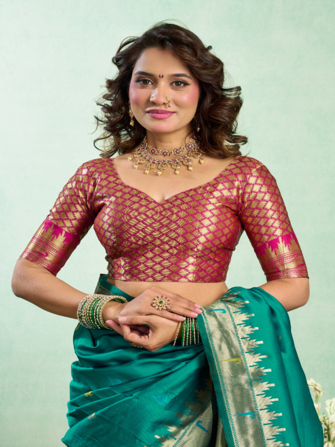 Lime Green Silk Blend Jacquard Paithani Saree