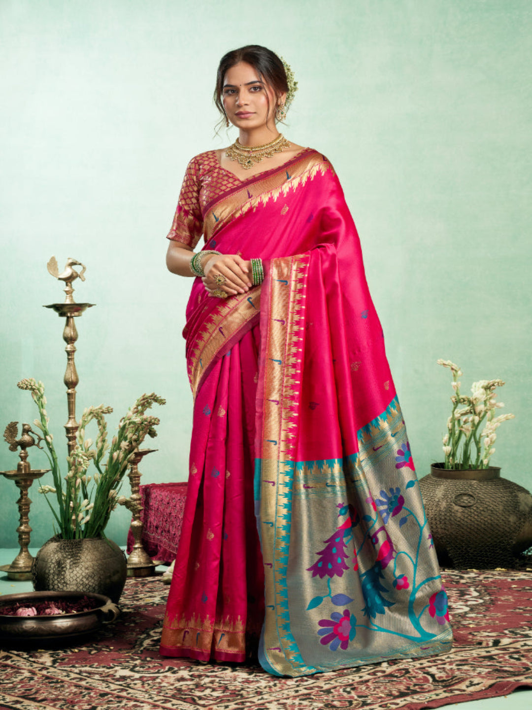 Lime Green Silk Blend Jacquard Paithani Saree