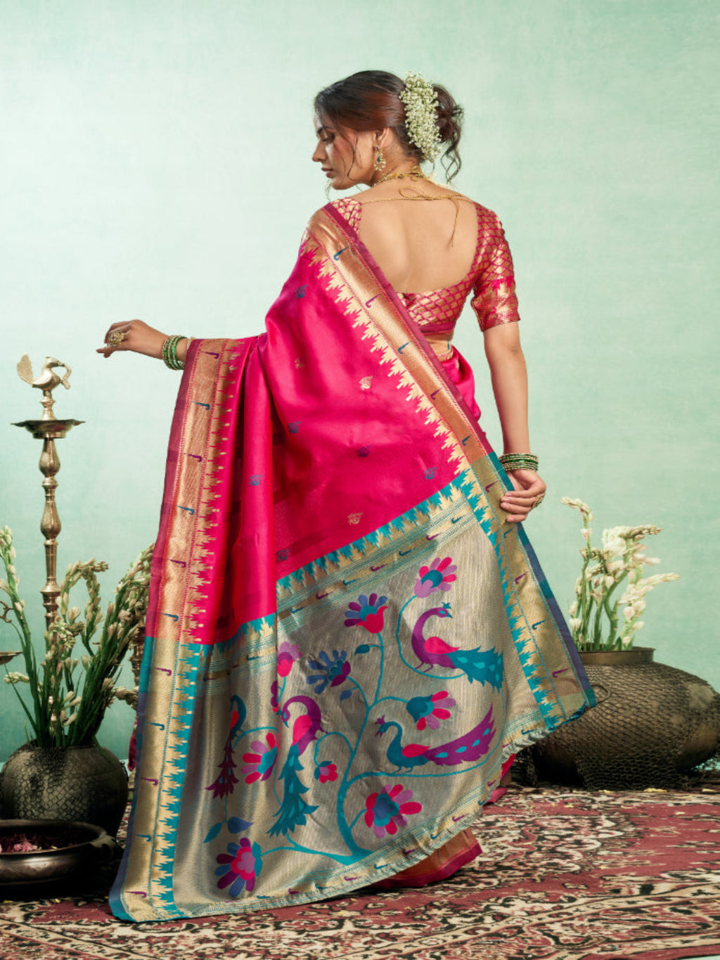 Lime Green Silk Blend Jacquard Paithani Saree