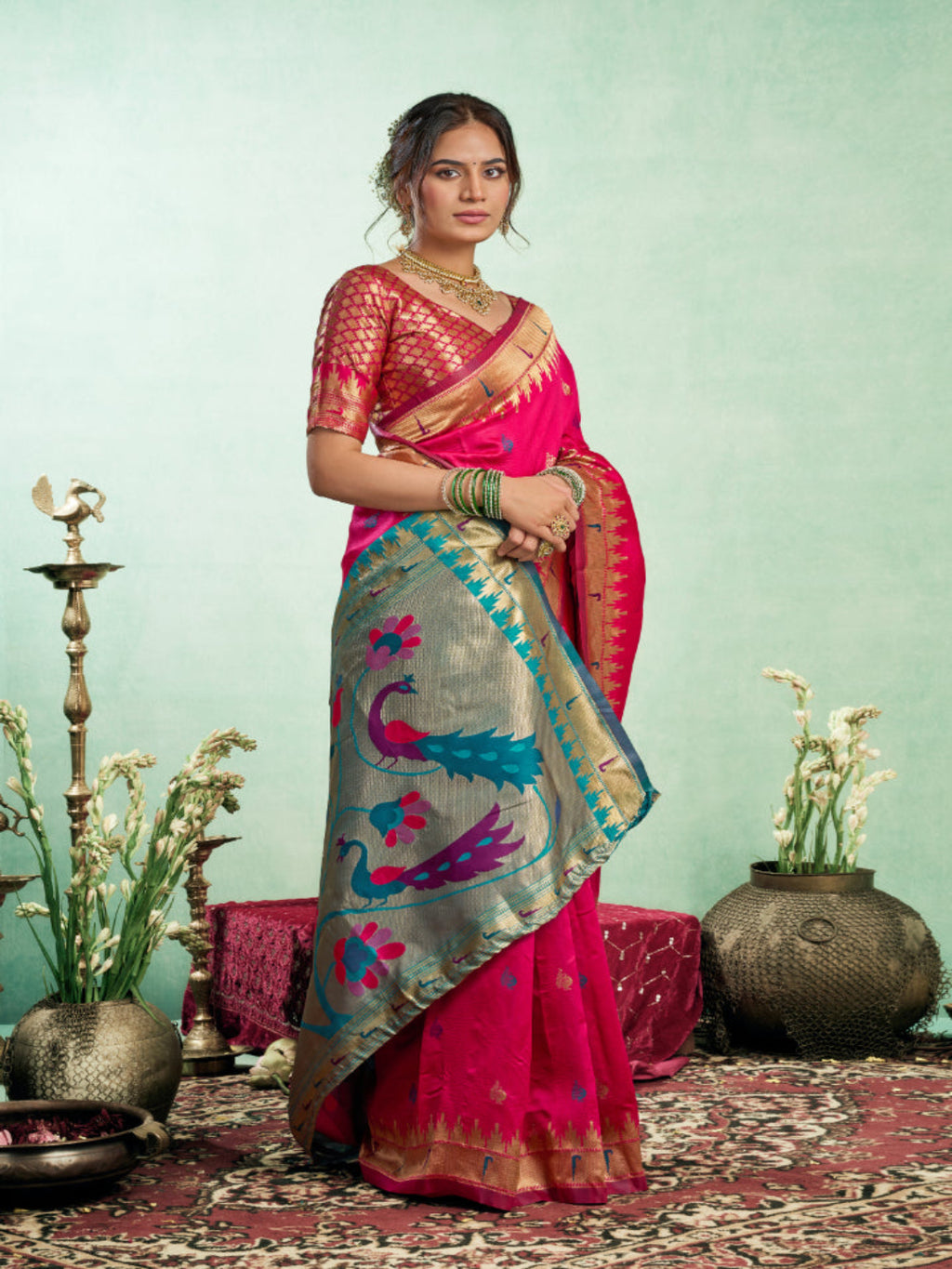 Lime Green Silk Blend Jacquard Paithani Saree
