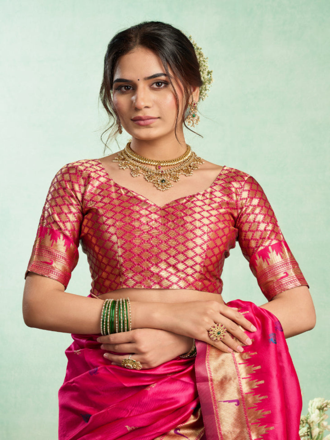 Lime Green Silk Blend Jacquard Paithani Saree