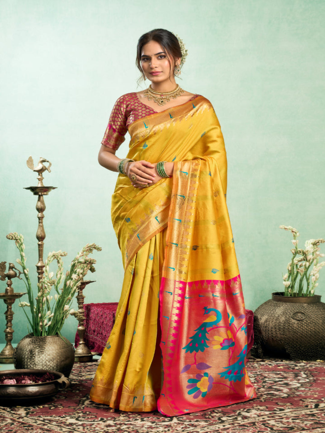Lime Green Silk Blend Jacquard Paithani Saree