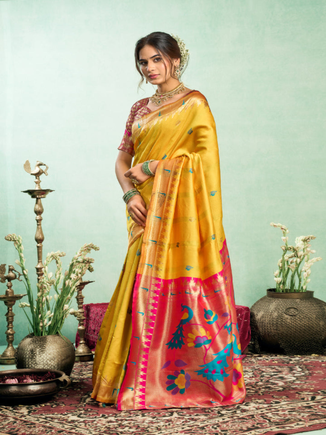 Lime Green Silk Blend Jacquard Paithani Saree