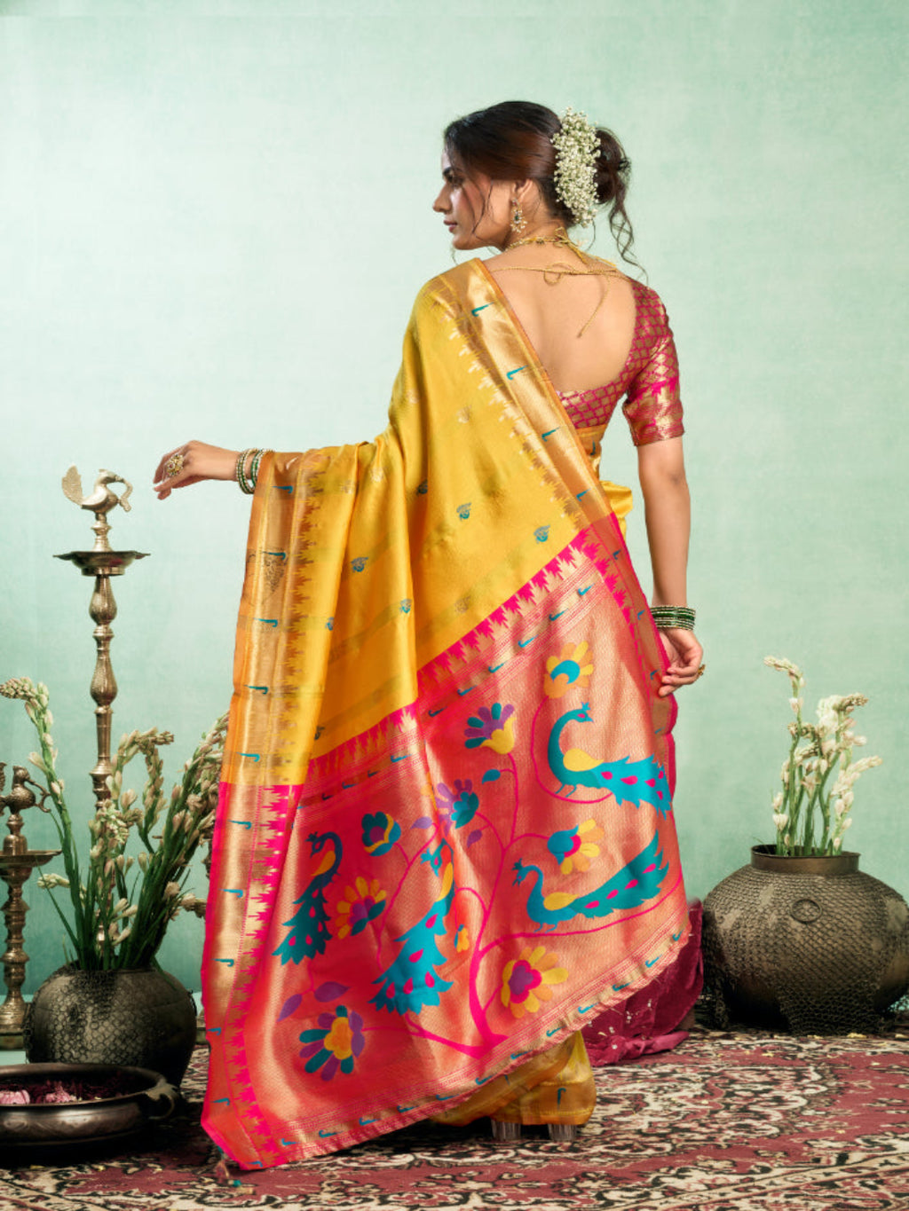Lime Green Silk Blend Jacquard Paithani Saree