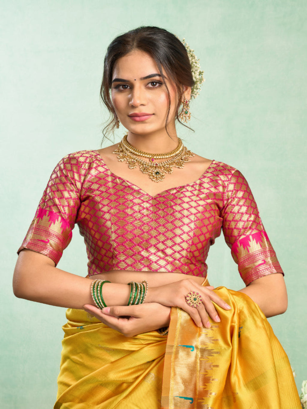 Lime Green Silk Blend Jacquard Paithani Saree