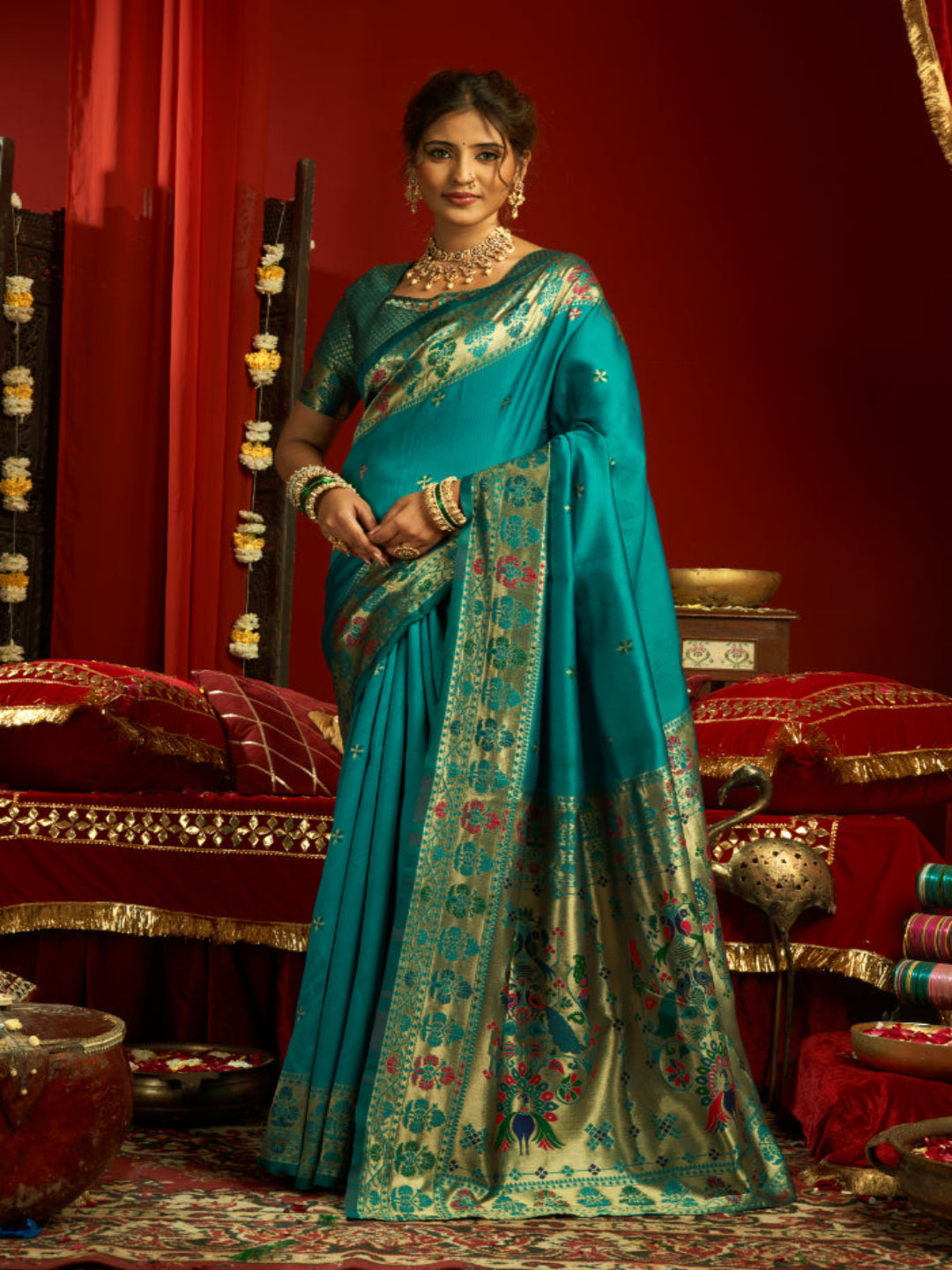 Heritage Teal Silk Saree with Meenakari Pallu