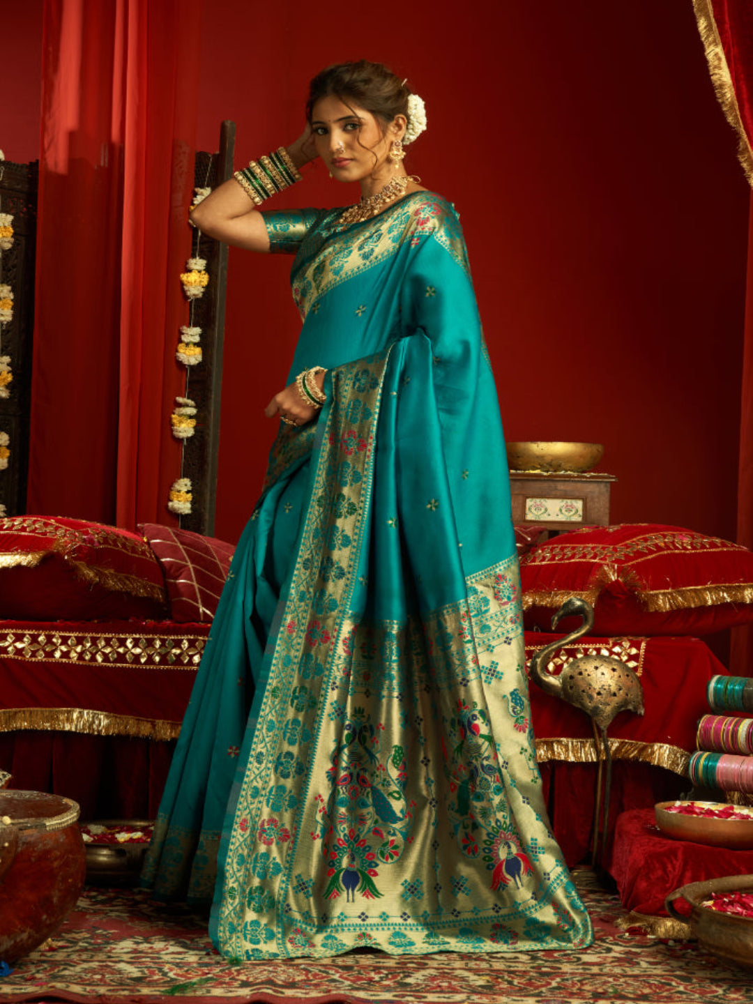 Heritage Teal Silk Saree with Meenakari Pallu