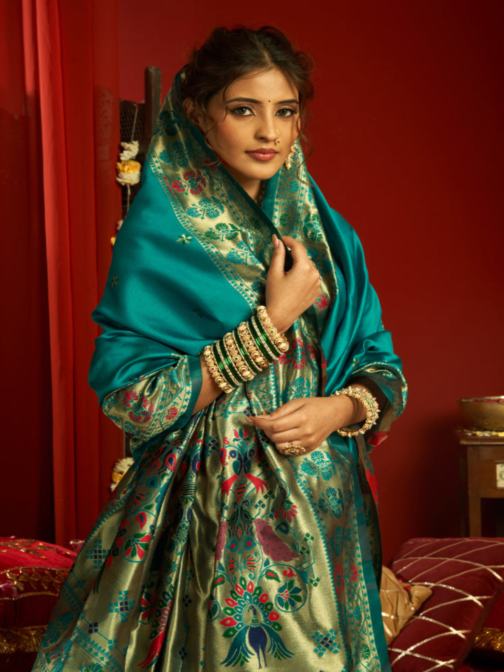 Heritage Teal Silk Saree with Meenakari Pallu