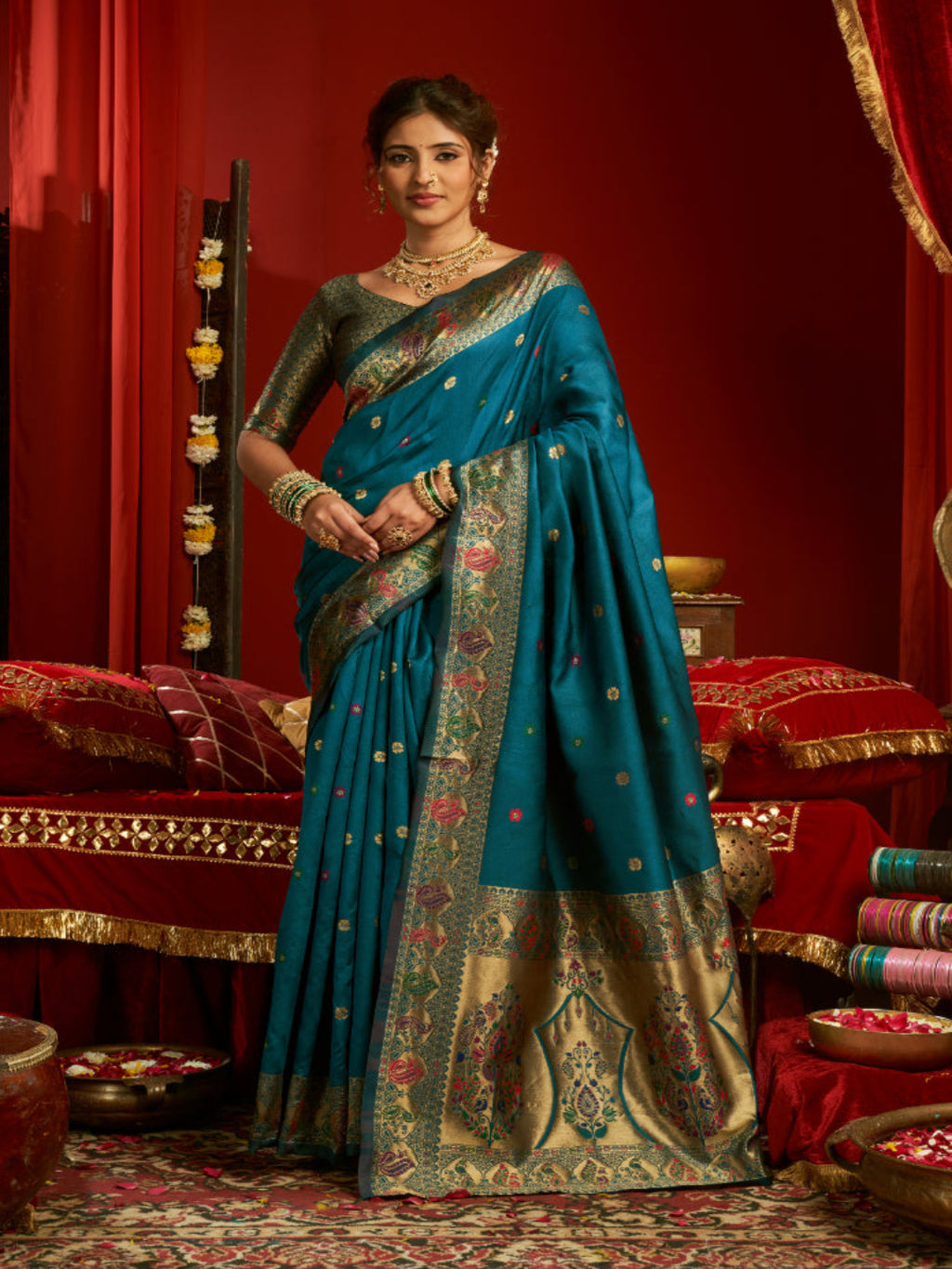 Majesty Designer Paithani: Captures the regal peacock and floral zari work.