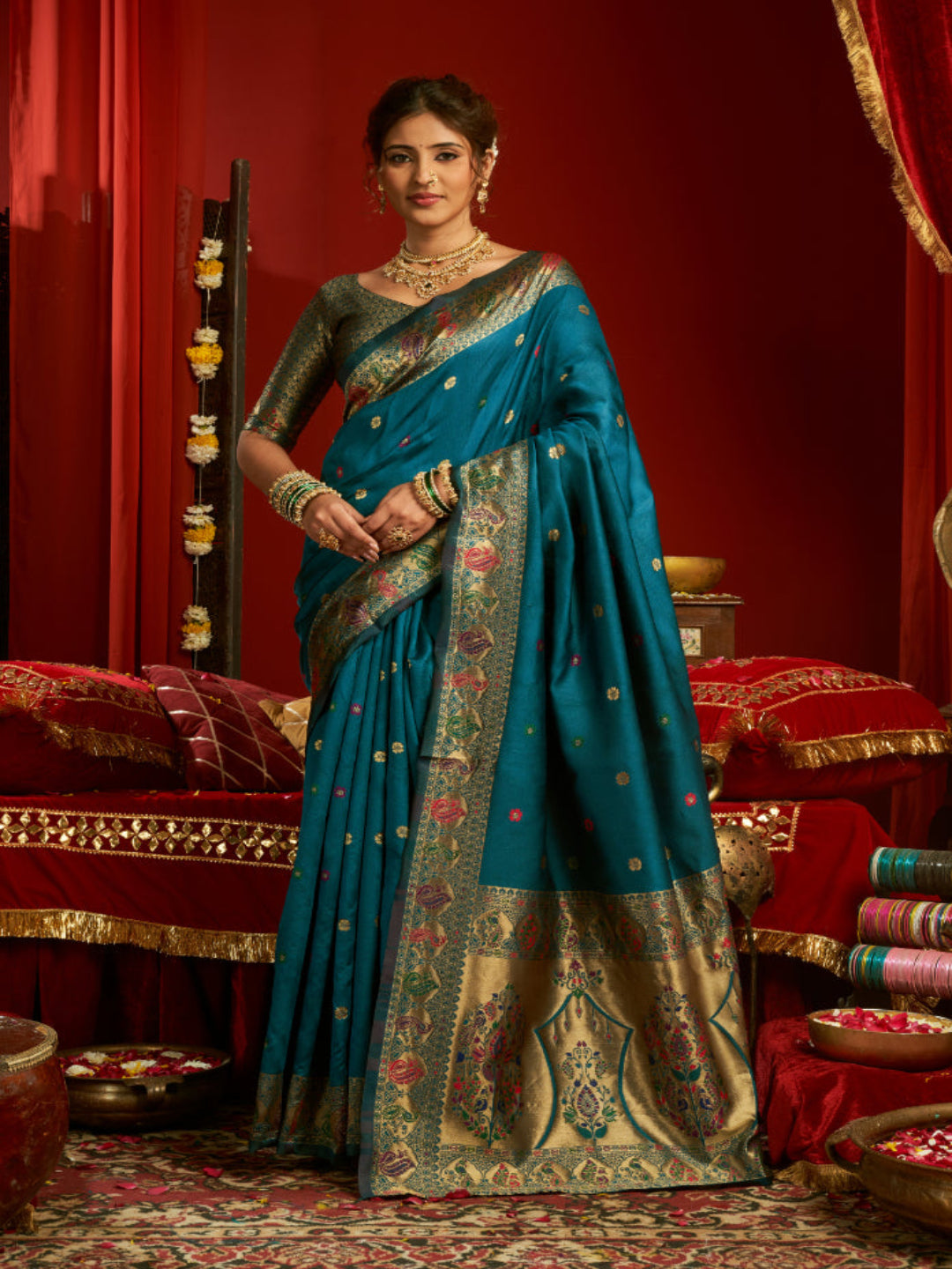 Majesty Designer Paithani: Captures the regal peacock and floral zari work.